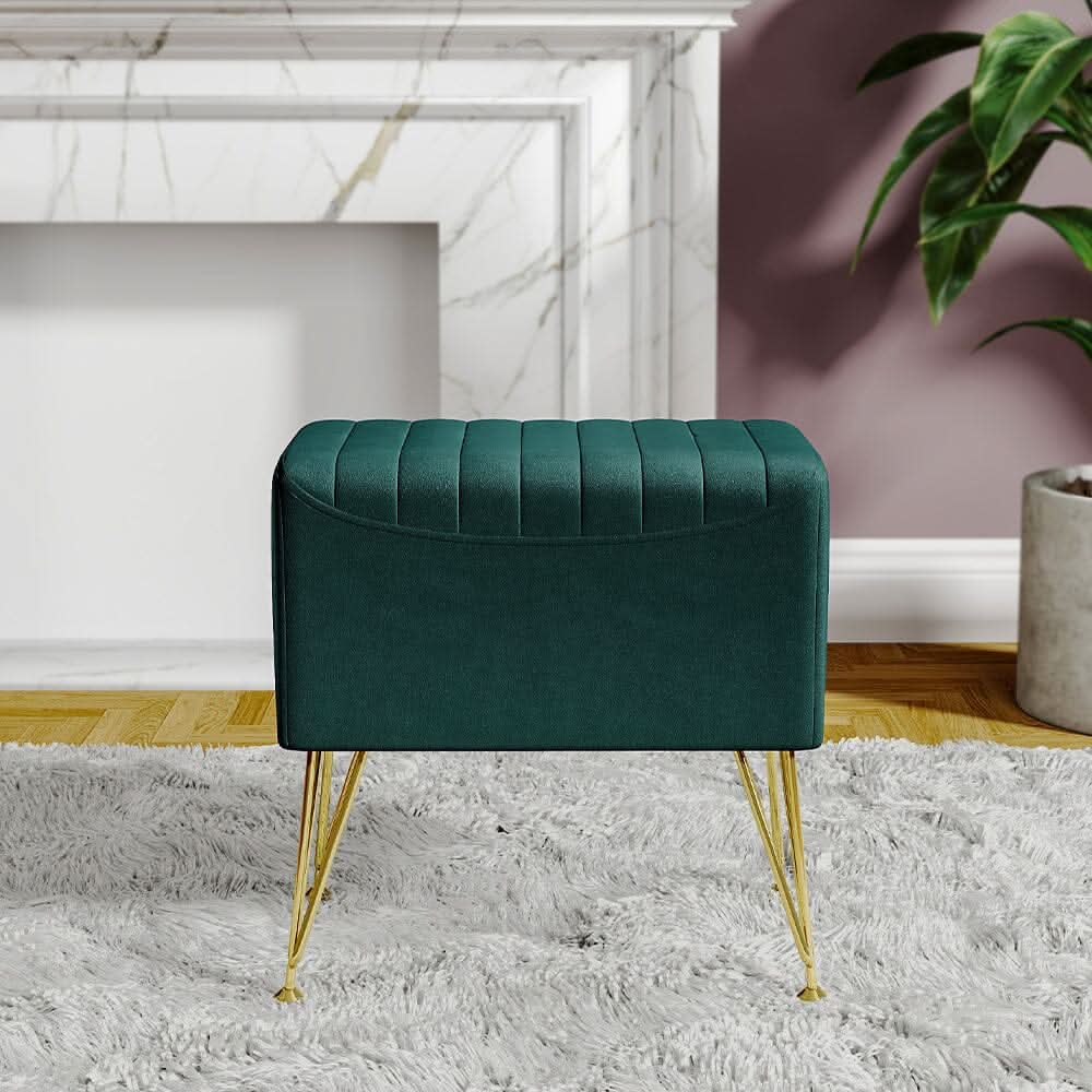 Mid-Century Modern Ribbed Ottoman Stool Green Velvet with Gold Legs