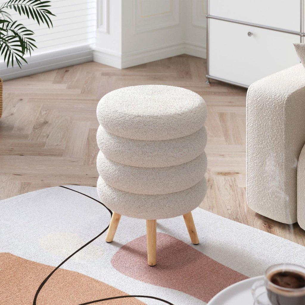 Round Stacked Teddy Fabric Stool with Wooden Legs