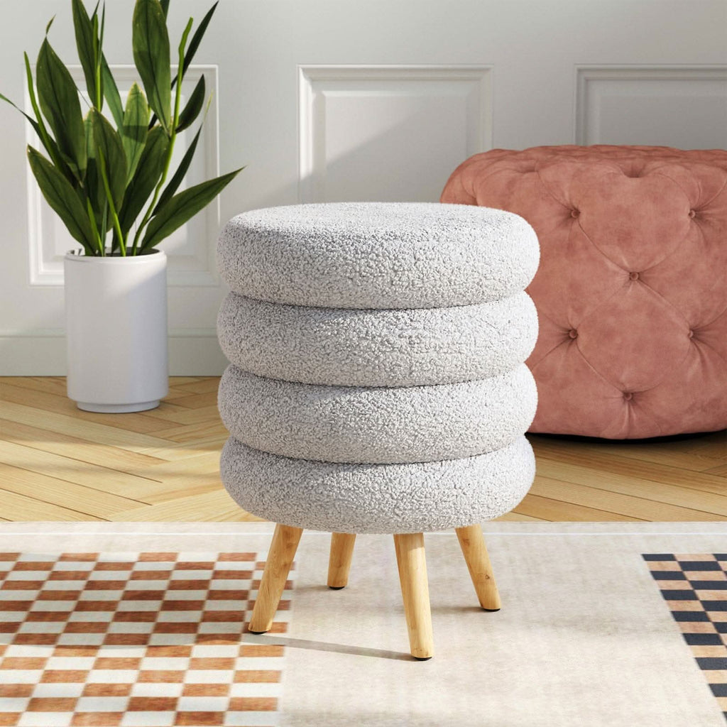 Round Stacked Teddy Fabric Stool with Wooden Legs