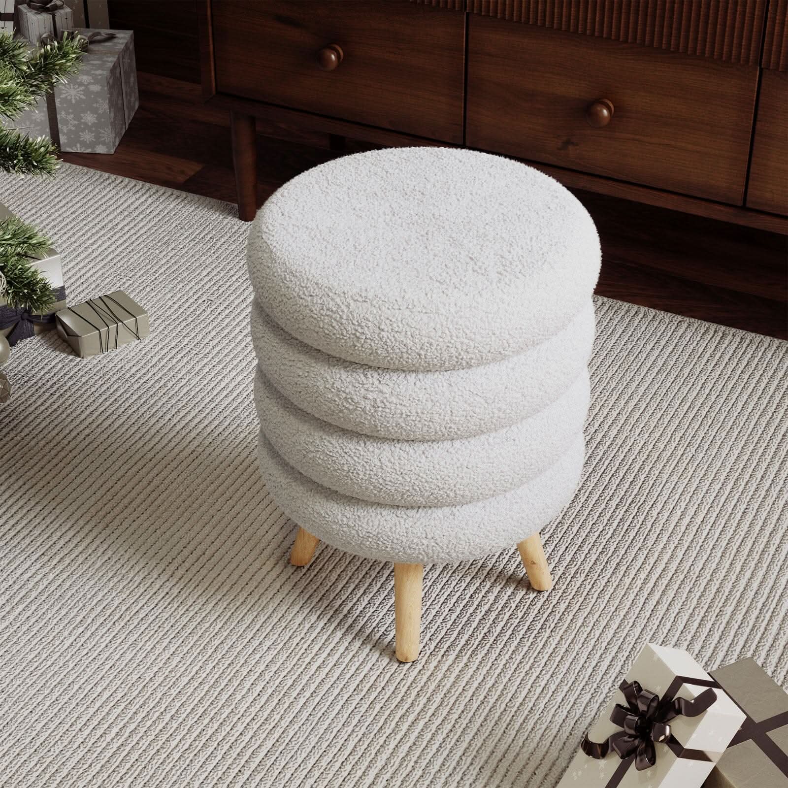 Round Stacked Teddy Fabric Stool with Wooden Legs