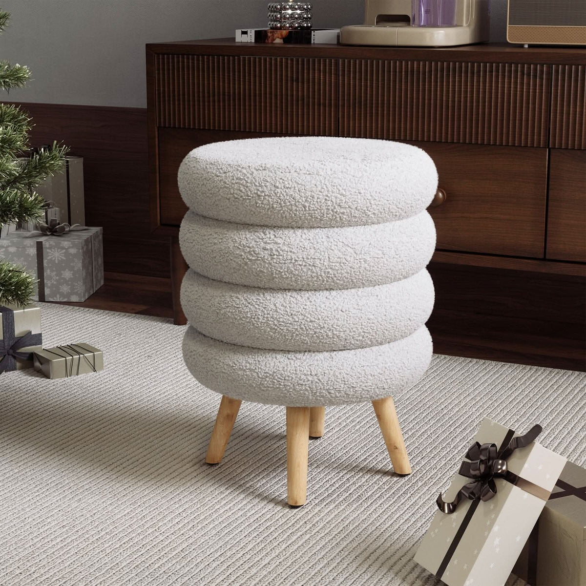 Round Stacked Teddy Fabric Stool with Wooden Legs