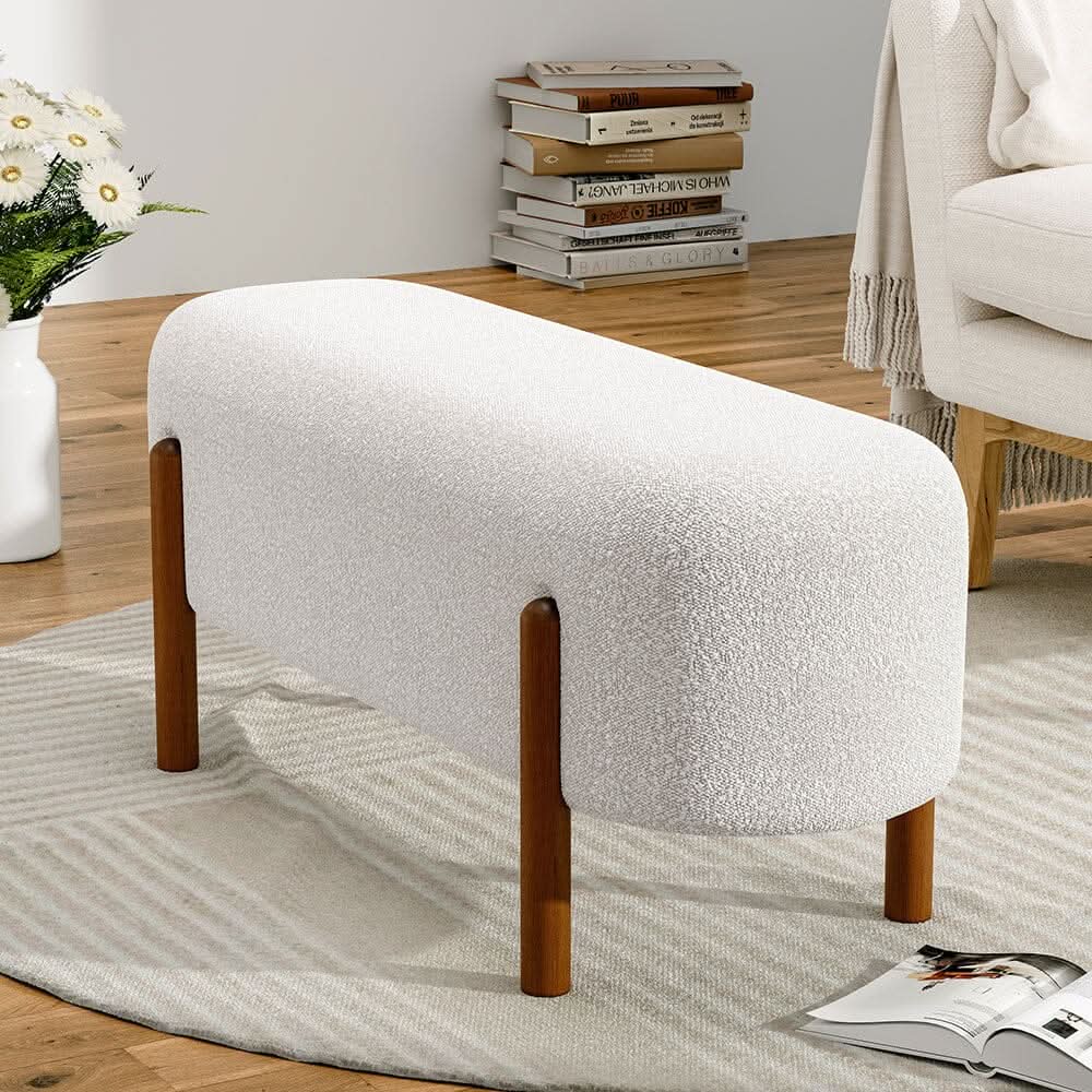 Modern Boucle Bench with Walnut Wood Legs