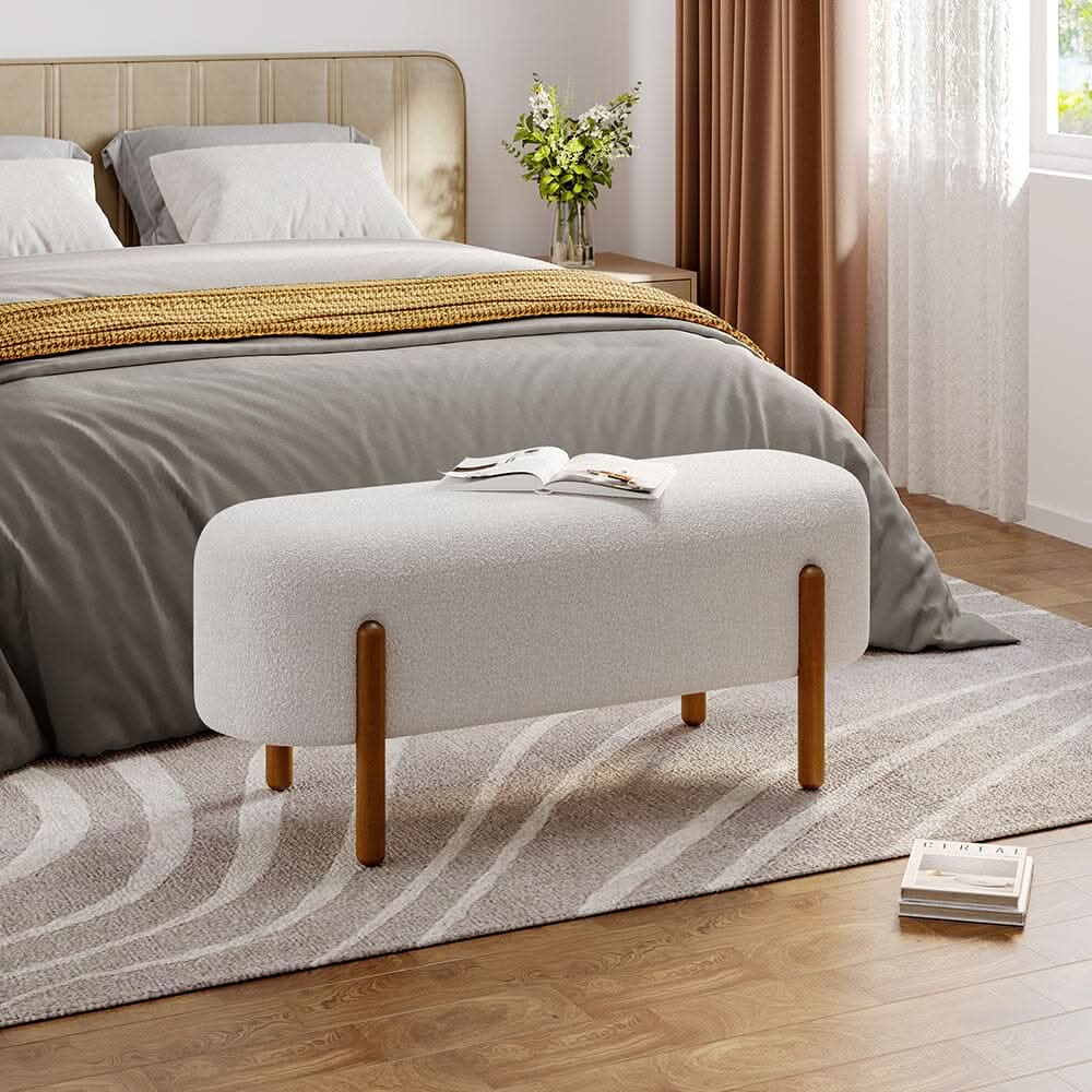 Modern Boucle Bench with Walnut Wood Legs