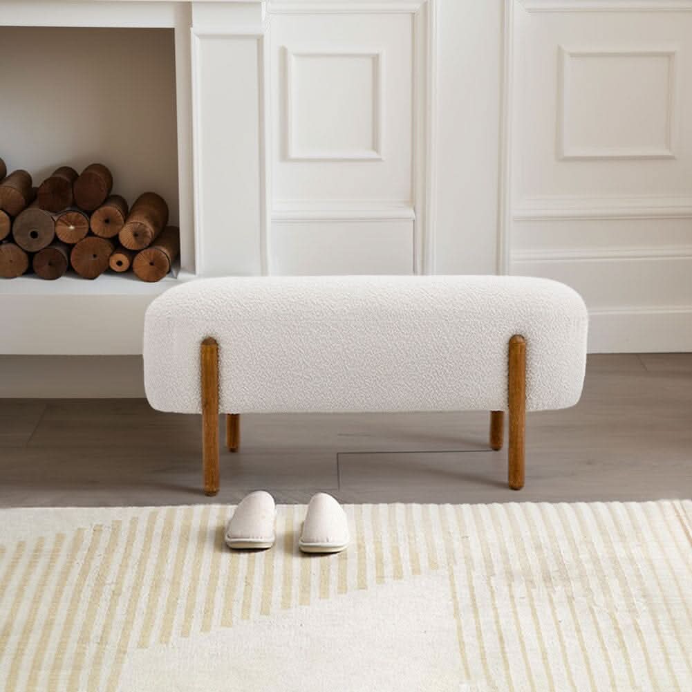 Modern Boucle Bench with Walnut Wood Legs