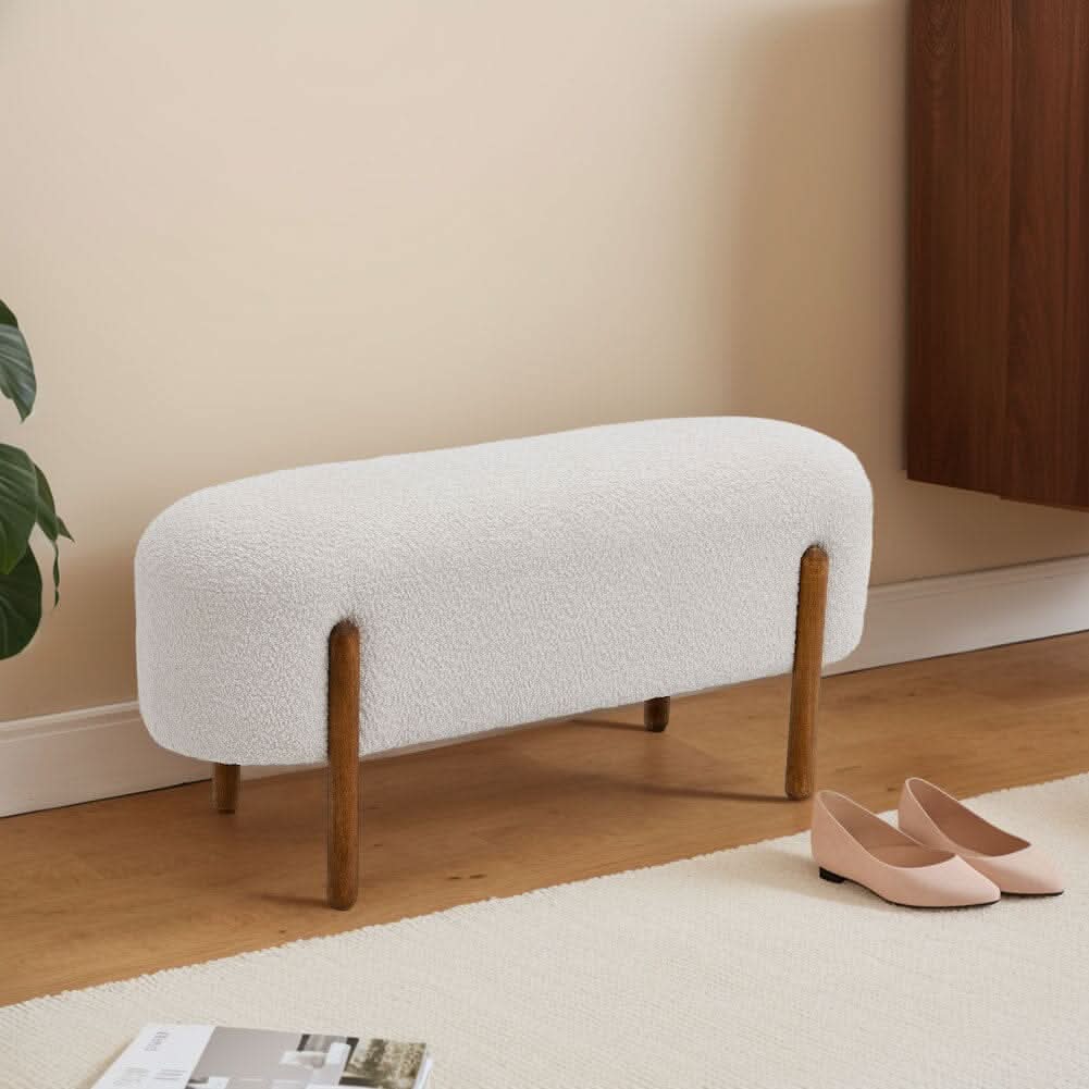 Modern Boucle Bench with Walnut Wood Legs
