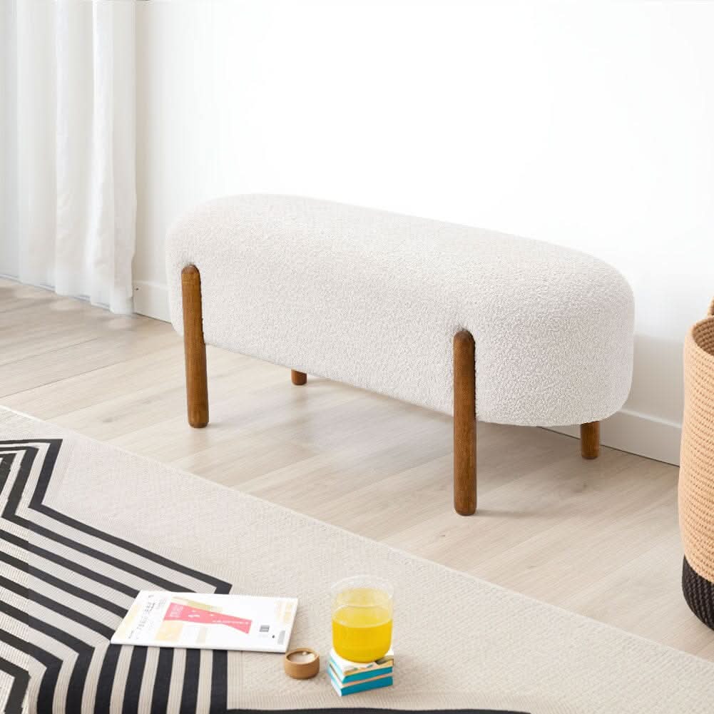 Modern Boucle Bench with Walnut Wood Legs