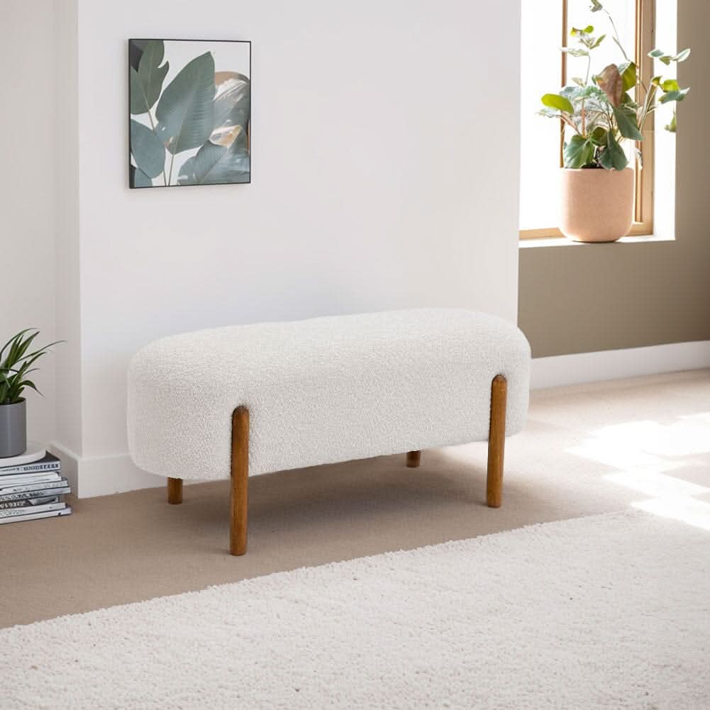 Modern Boucle Bench with Walnut Wood Legs