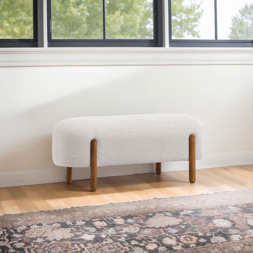 Modern Boucle Bench with Walnut Wood Legs