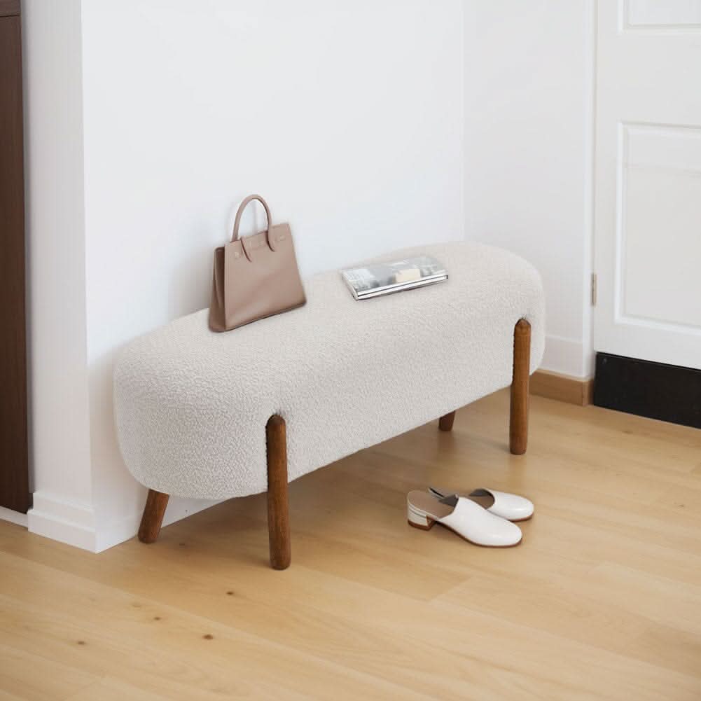 Modern Boucle Bench with Walnut Wood Legs