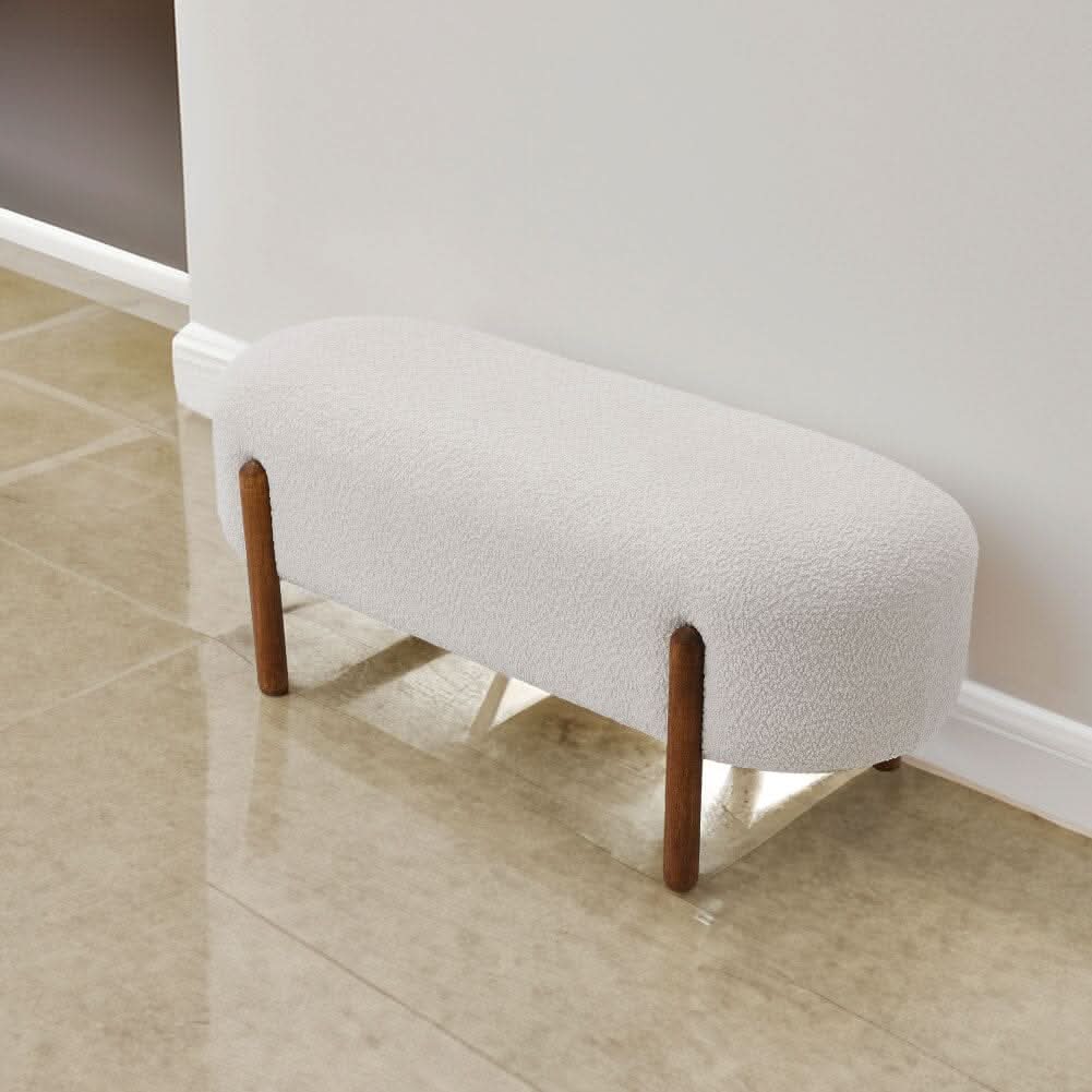Modern Boucle Bench with Walnut Wood Legs