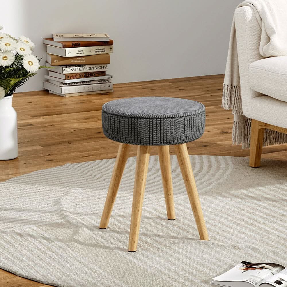 Round Corduroy Stool with Rubber Wood Legs