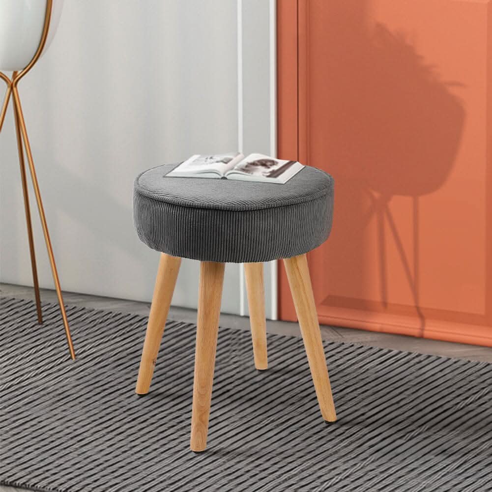 Round Corduroy Stool with Rubber Wood Legs