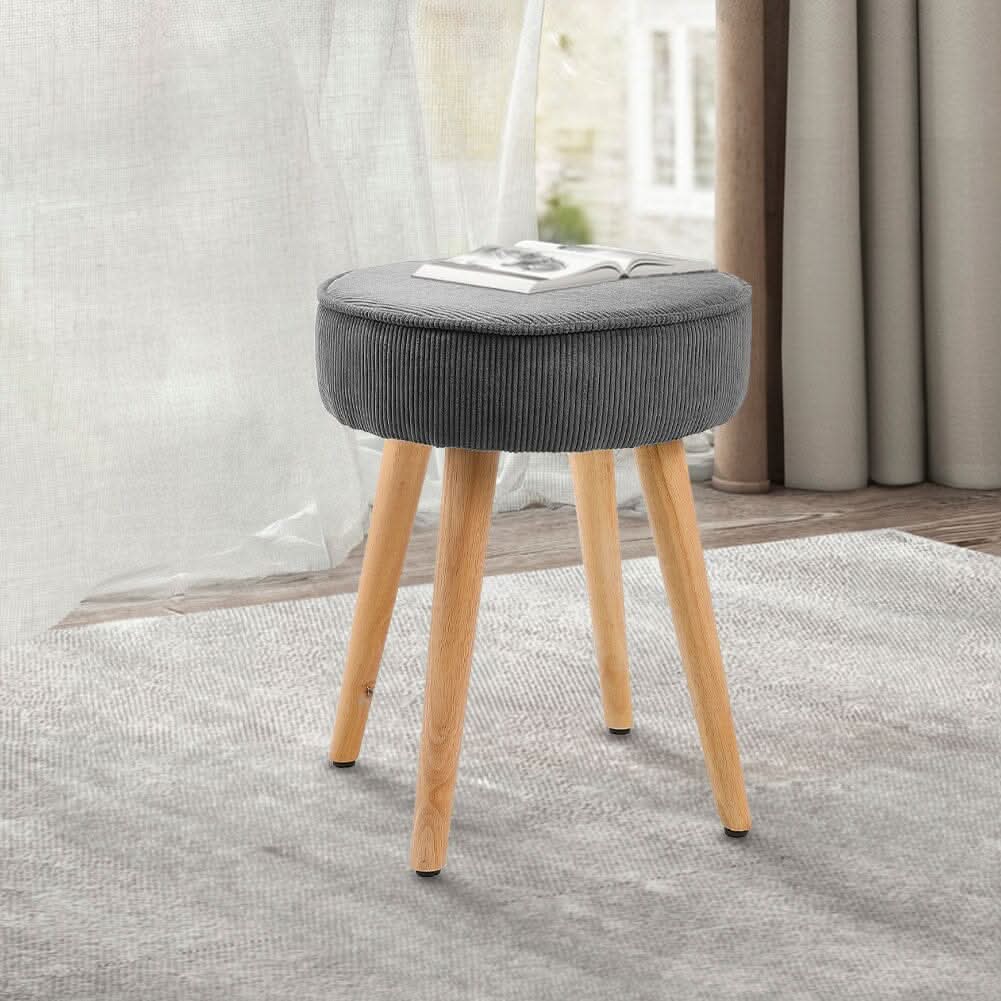 Round Corduroy Stool with Rubber Wood Legs