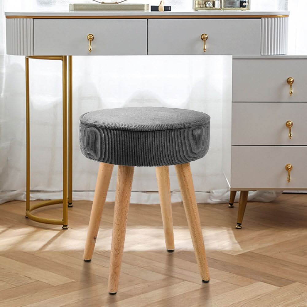 Round Corduroy Stool with Rubber Wood Legs