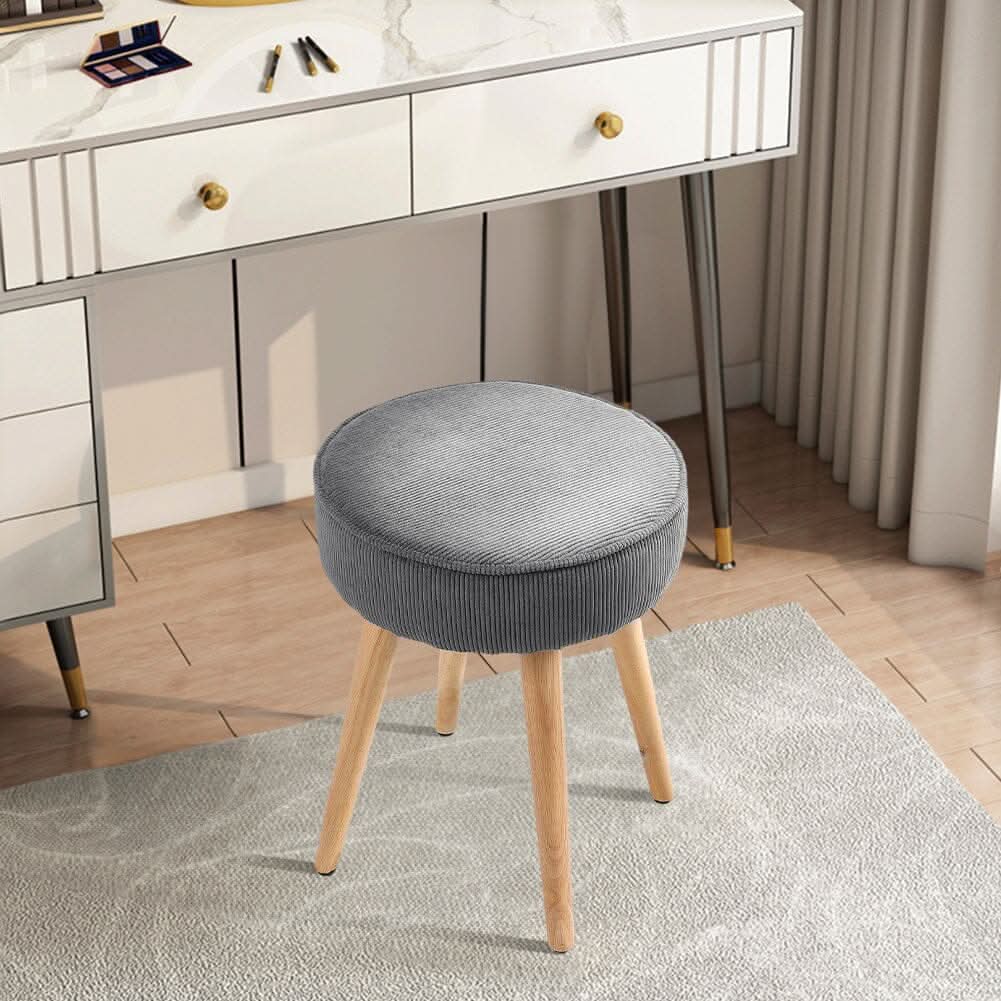 Round Corduroy Stool with Rubber Wood Legs