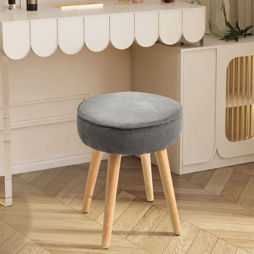 Round Corduroy Stool with Rubber Wood Legs