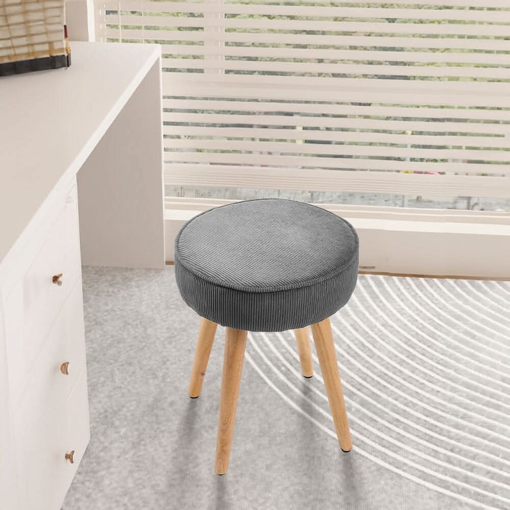 Round Corduroy Stool with Rubber Wood Legs