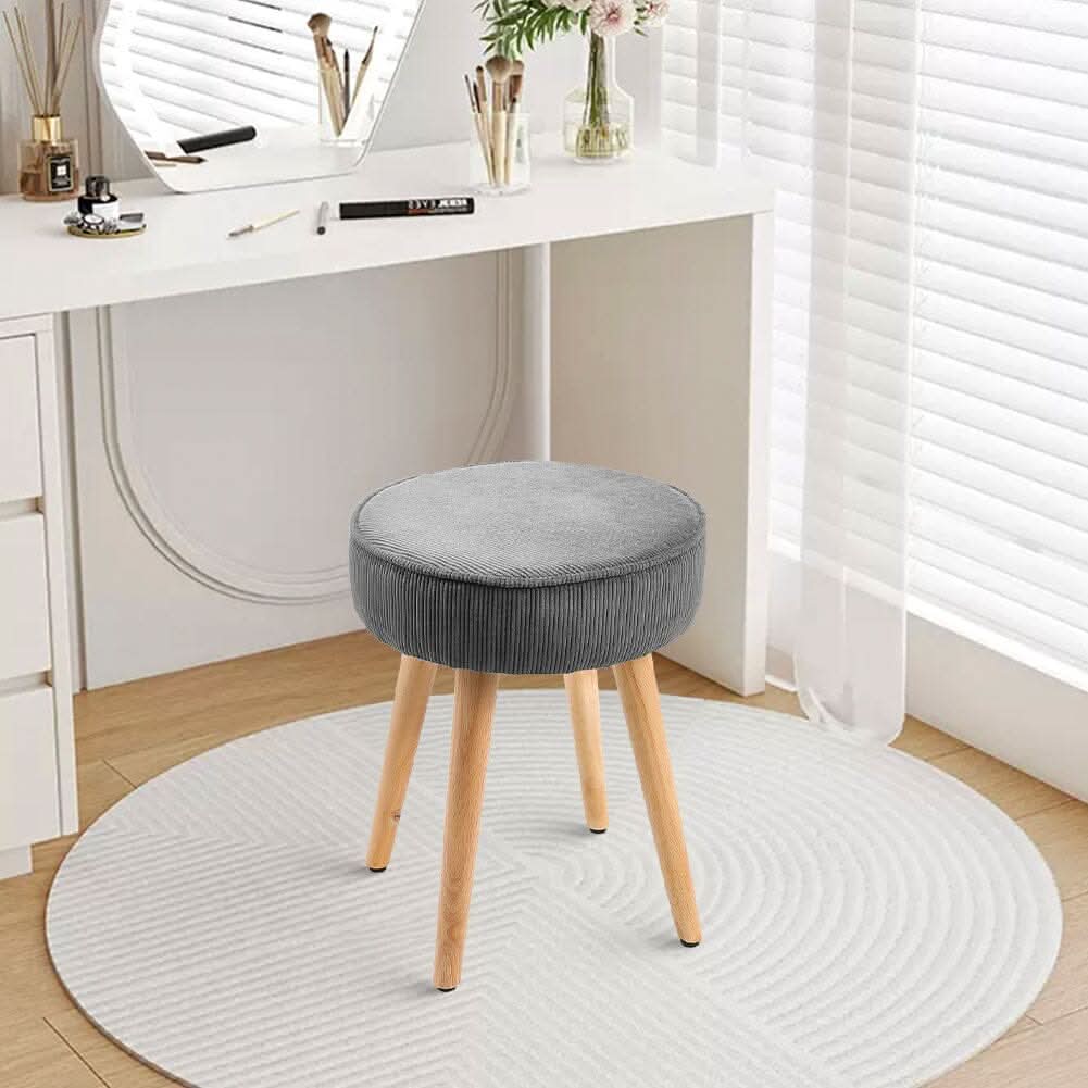 Round Corduroy Stool with Rubber Wood Legs