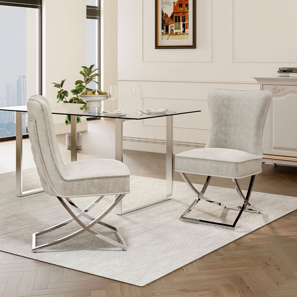 Set of 2 Beige High Back Dining Chairs with velvet Upholstered