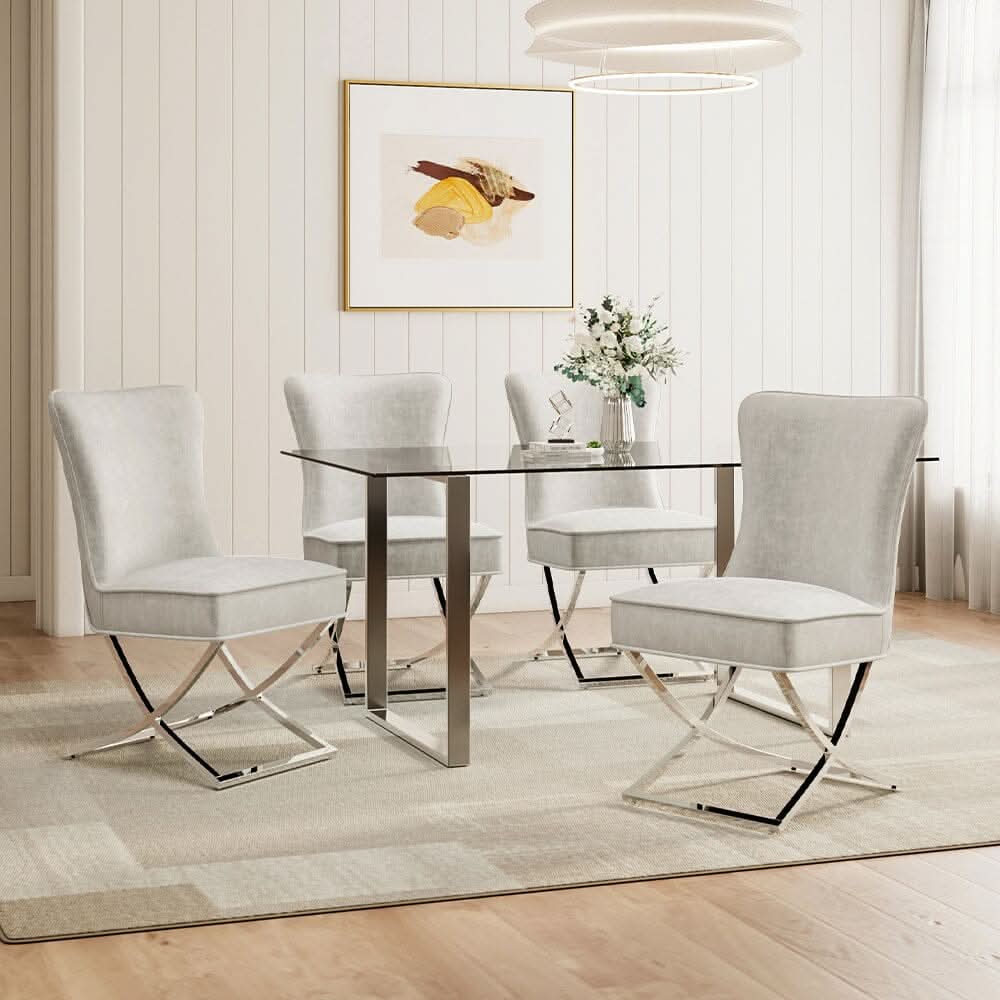 Set of 2 Beige High Back Dining Chairs with velvet Upholstered