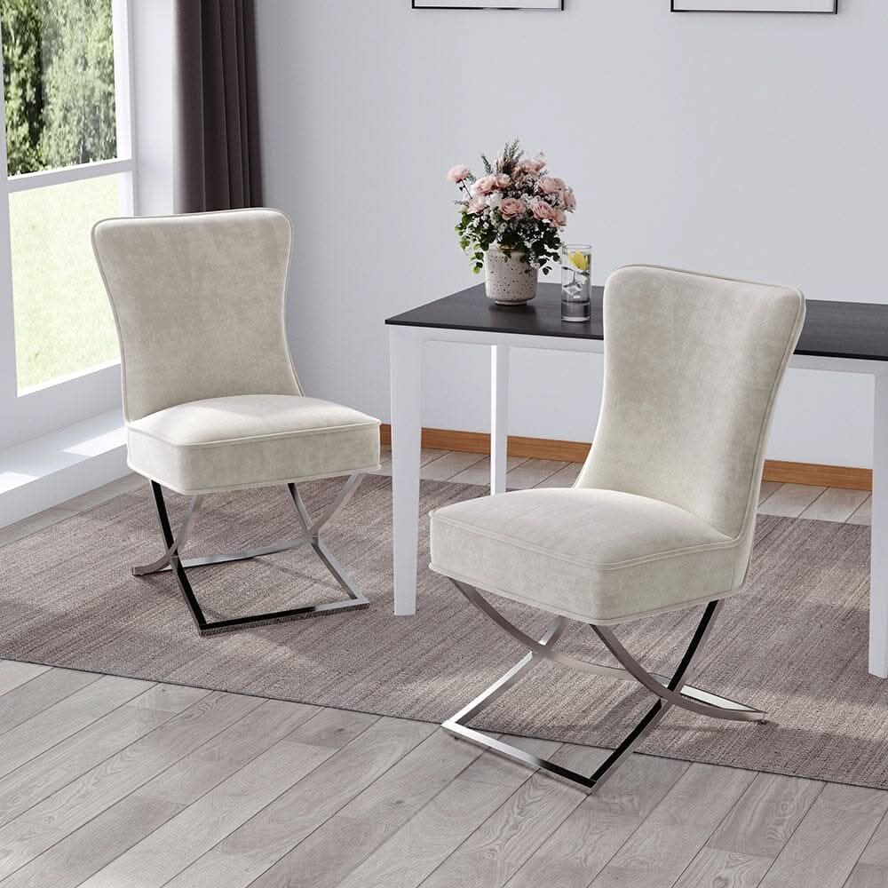 Set of 2 Beige High Back Dining Chairs with velvet Upholstered