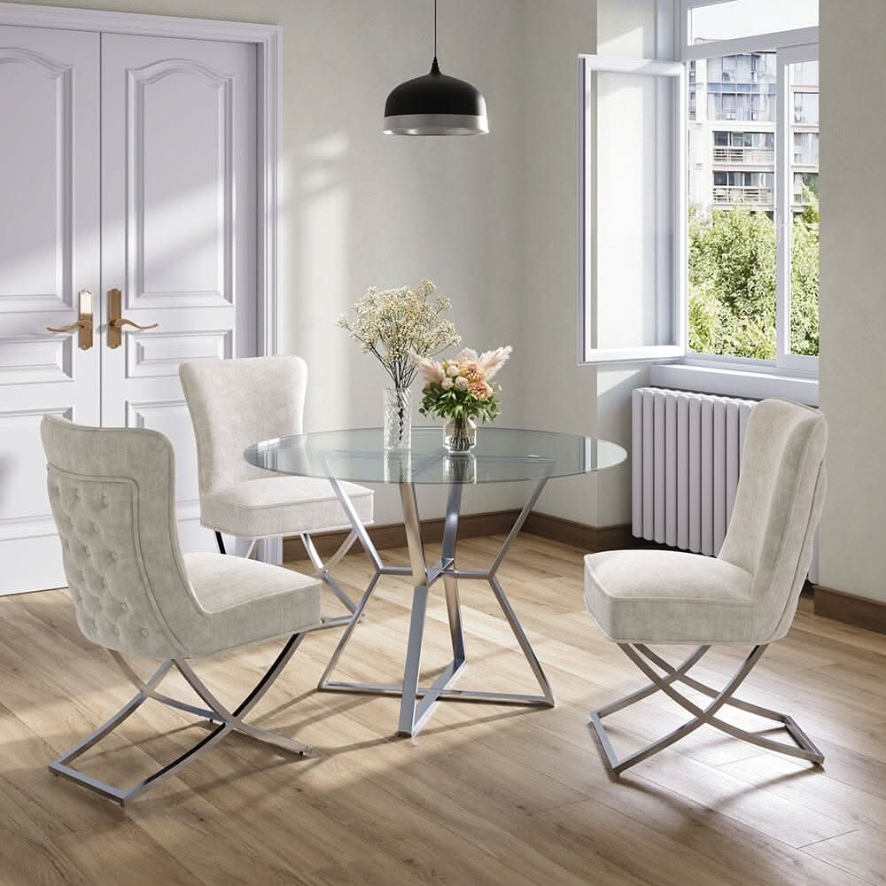 Set of 2 Beige High Back Dining Chairs with velvet Upholstered