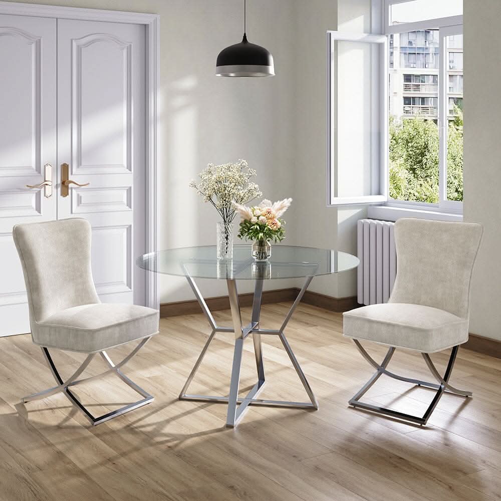 Set of 2 Beige High Back Dining Chairs with velvet Upholstered