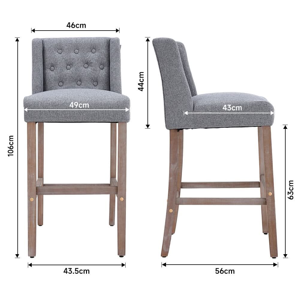 Set of 2 Hight Bar Stools Linen Upholstered with Wood Legs