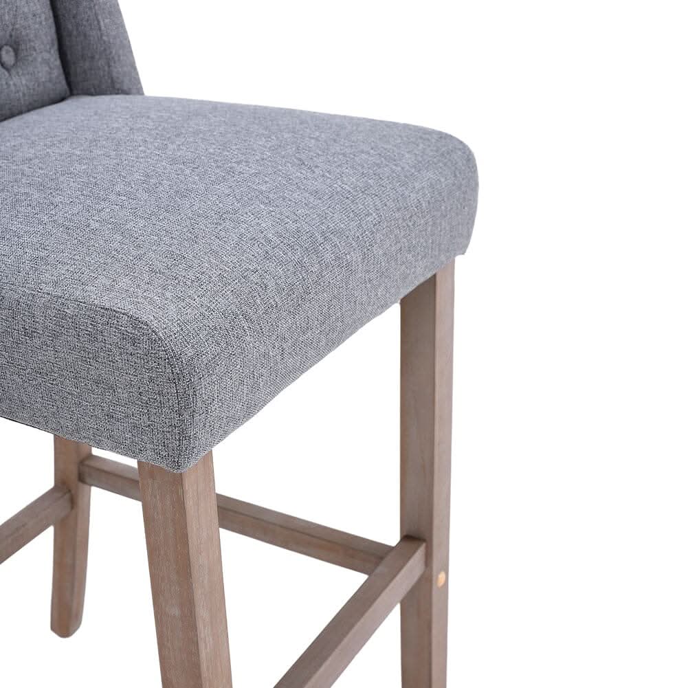 Set of 2 Hight Bar Stools Linen Upholstered with Wood Legs