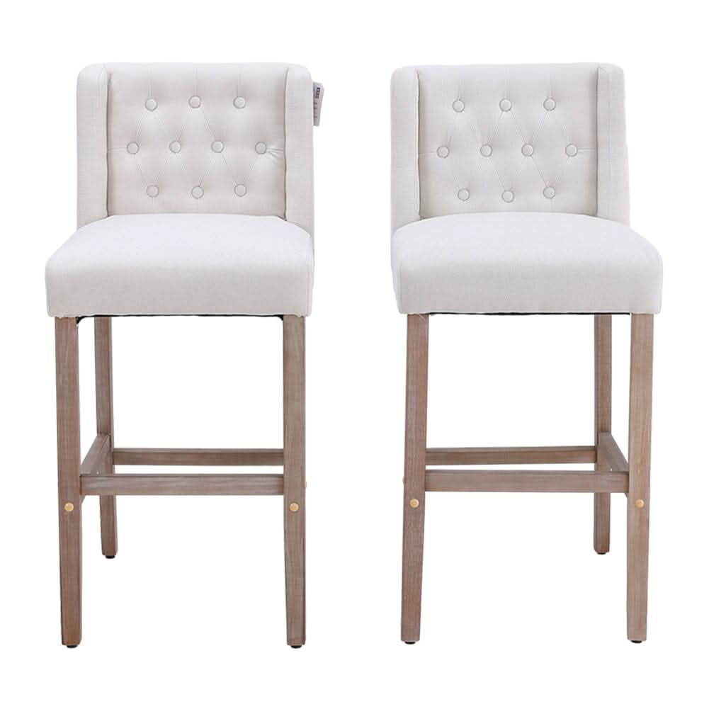 Set of 2 Hight Bar Stools Linen Upholstered with Wood Legs