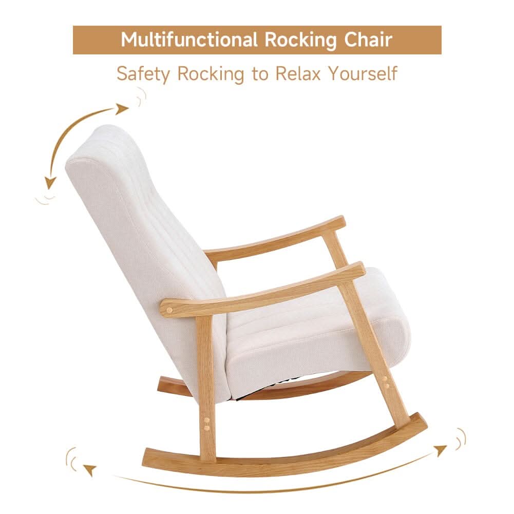 Modern Beige Plush Fabric Rocking Chair with Rubber Wood Legs