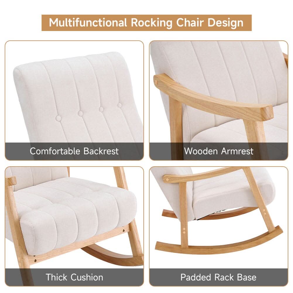 Modern Beige Plush Fabric Rocking Chair with Rubber Wood Legs