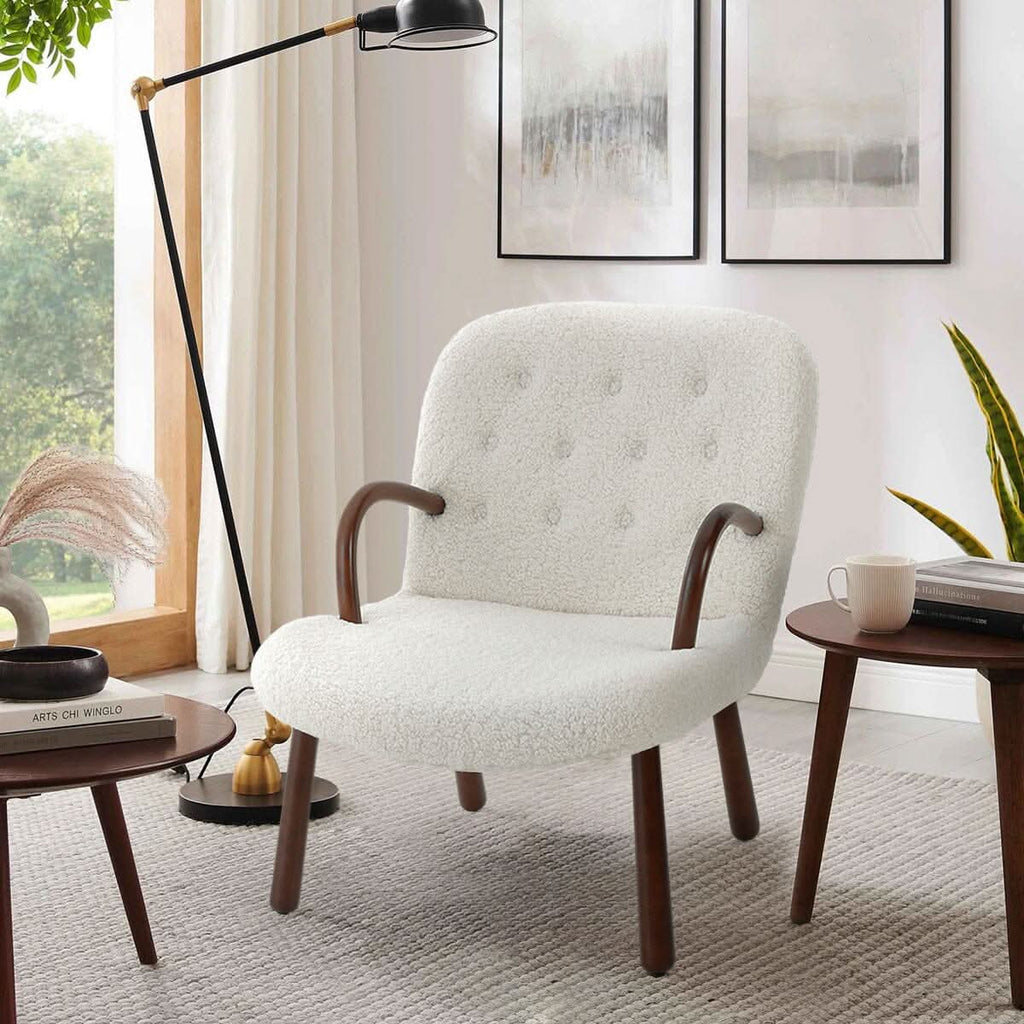 Modern White Lamb Wool Armchair with Ottoman Set Lounge Chair with Footstool