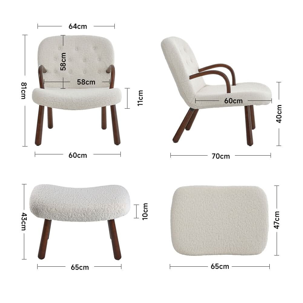 Modern White Lamb Wool Armchair with Ottoman Set Lounge Chair with Footstool
