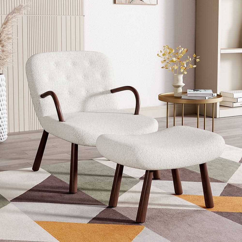Modern White Lamb Wool Armchair with Ottoman Set Lounge Chair with Footstool
