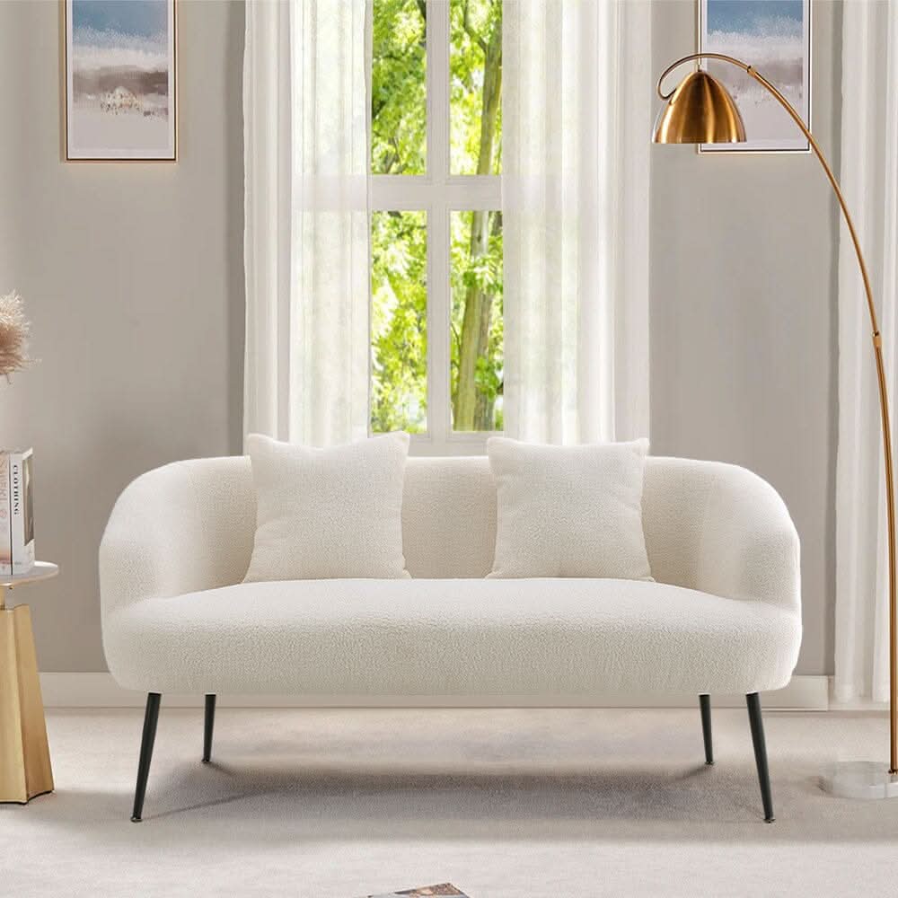 2 Seater Sofa White Teddy Fleece Black Metal Legs With Cushions