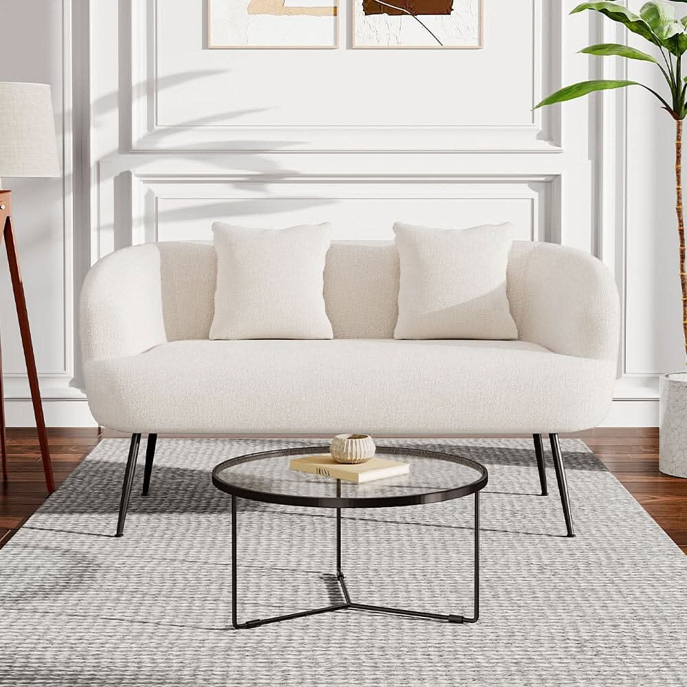 2 Seater Sofa White Teddy Fleece Black Metal Legs With Cushions