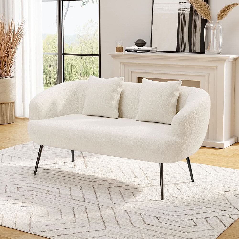2 Seater Sofa White Teddy Fleece Black Metal Legs With Cushions