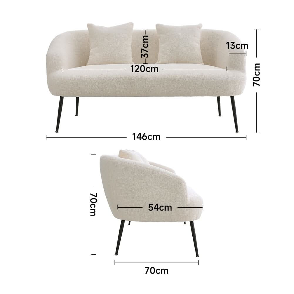 2 Seater Sofa White Teddy Fleece Black Metal Legs With Cushions