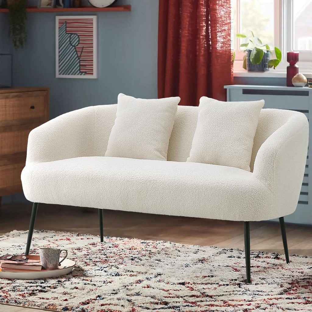 2 Seater Sofa White Teddy Fleece Black Metal Legs With Cushions