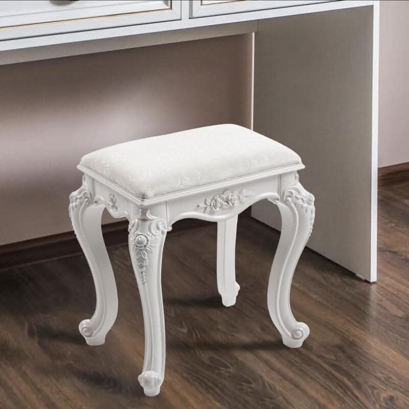 Printed Velvet Vanity Stool with White Resin Curved Legs