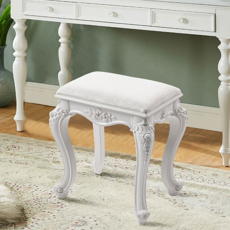Printed Velvet Vanity Stool with White Resin Curved Legs