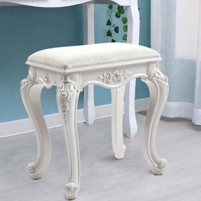 Printed Velvet Vanity Stool with White Resin Curved Legs