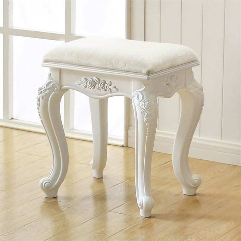Printed Velvet Vanity Stool with White Resin Curved Legs
