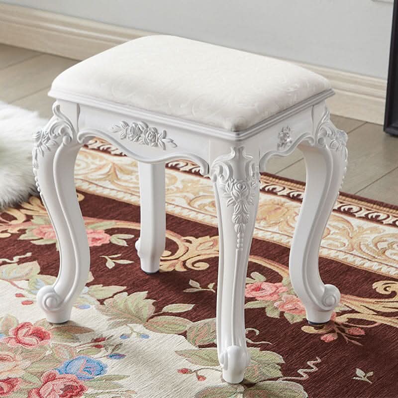 Printed Velvet Vanity Stool with White Resin Curved Legs