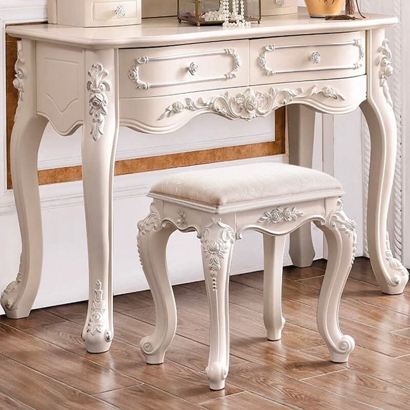 Printed Velvet Vanity Stool with White Resin Curved Legs