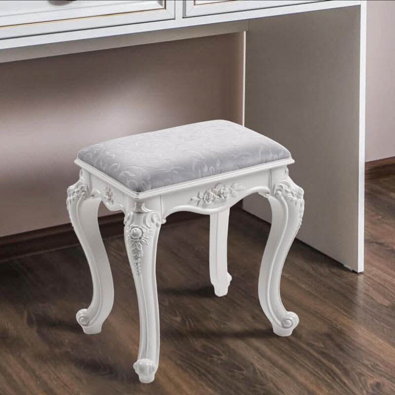 Printed Velvet Vanity Stool with White Resin Curved Legs