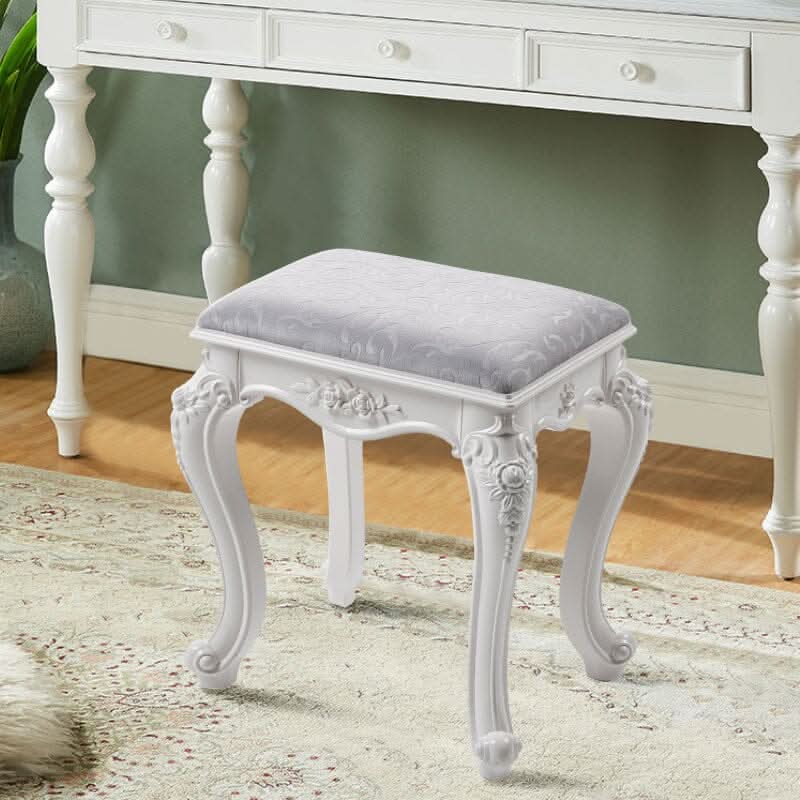 Printed Velvet Vanity Stool with White Resin Curved Legs
