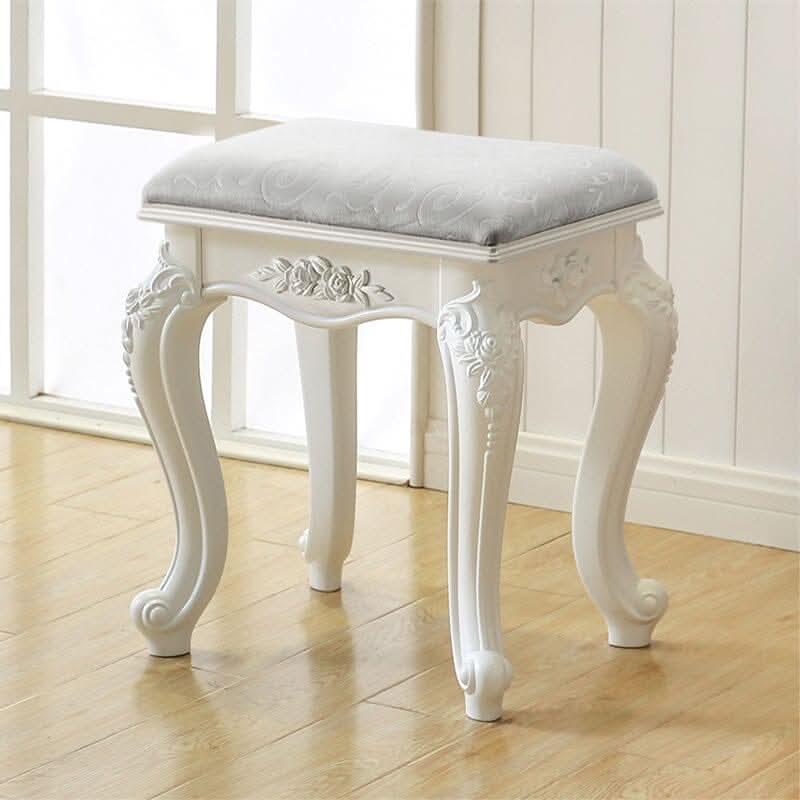 Printed Velvet Vanity Stool with White Resin Curved Legs