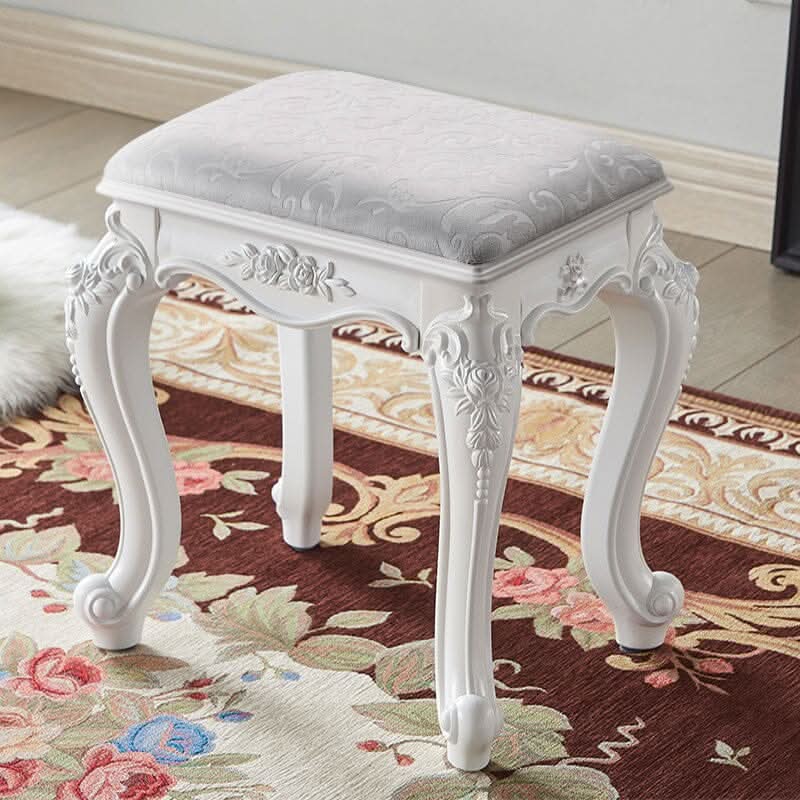 Printed Velvet Vanity Stool with White Resin Curved Legs